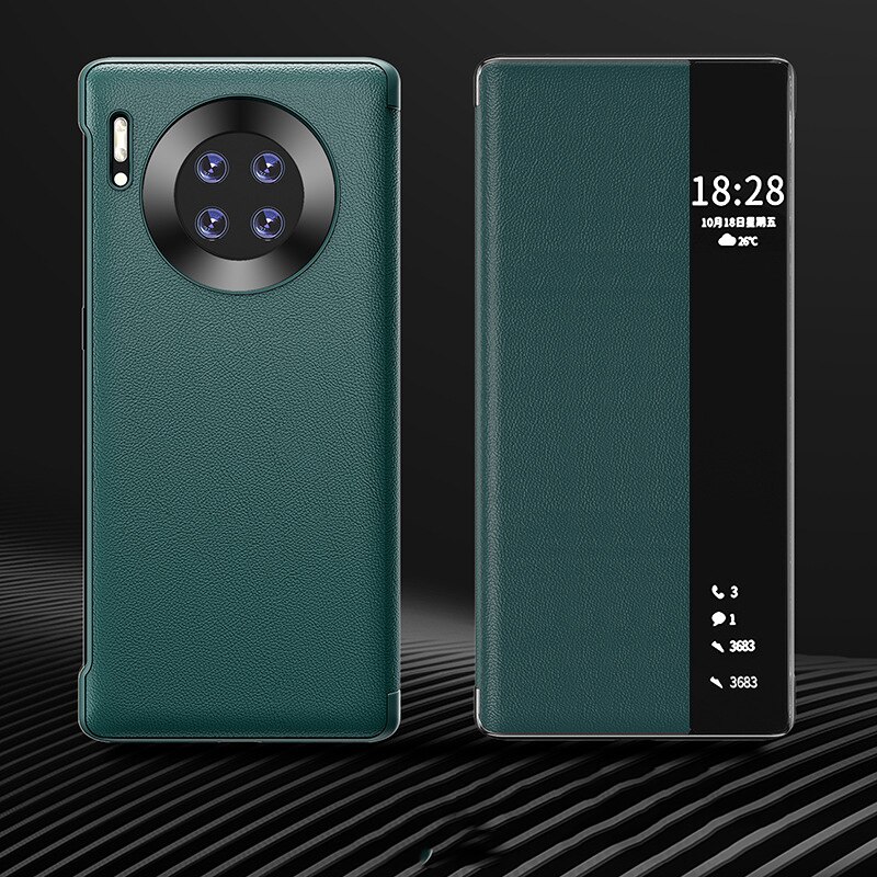 Luxury Leather Smart View Flip Case For Huawei Mate 40 Pro Mate40 Mate40pro 40pro 5G Global Version Magnetic Phone Cover: For Mate 40 / Green