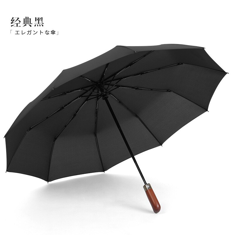Fuldautomatisk 10- ben vindtæt massivt træhåndtag regnfuld paraply tre gange mænds forretningsparaply: 05