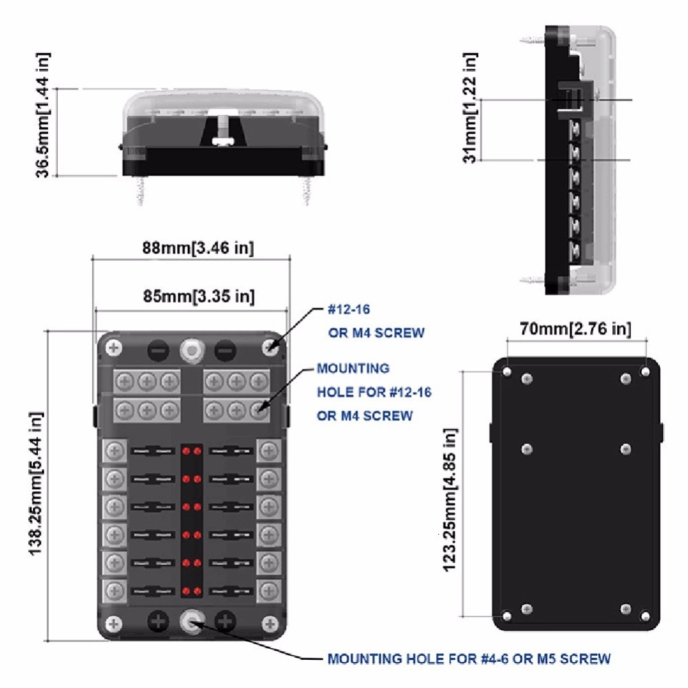 DC 12-32V Truck Motorhome Coach Boat Bus Bar Power Distribution Block Double Busbars 6-way12-way Fuse Box With LED Lights 100AMP