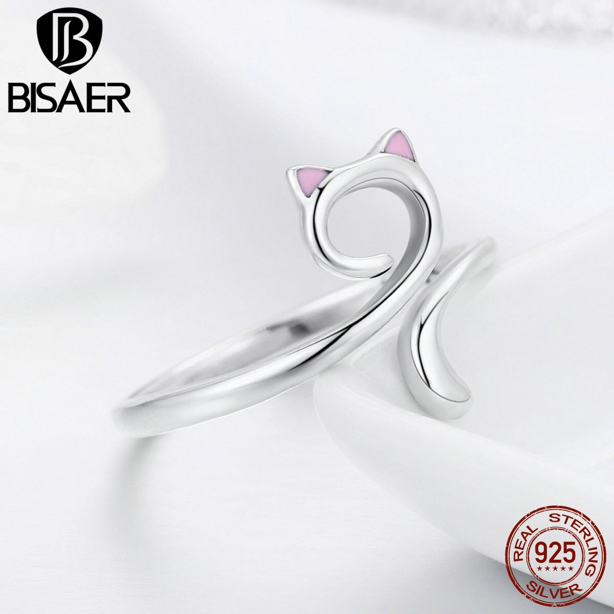 BISAER 100% 925 Sterling Silver Anel Cat Pussy Kitten Cat Tail Adjustable Finger Ring Female Sterling Silver Jewelry ECR341