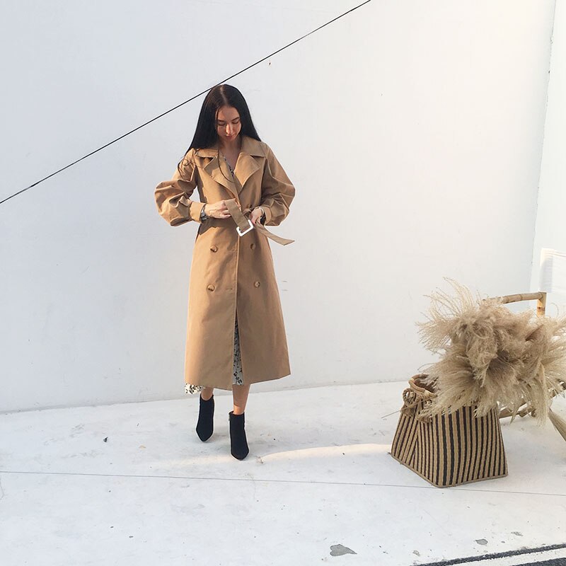 Trench-Coat Long kaki pour femme, coupe-vent Style britannique à manches bouffantes, manteau anti-poussière Long à la taille élégante, à Bandage, printemps