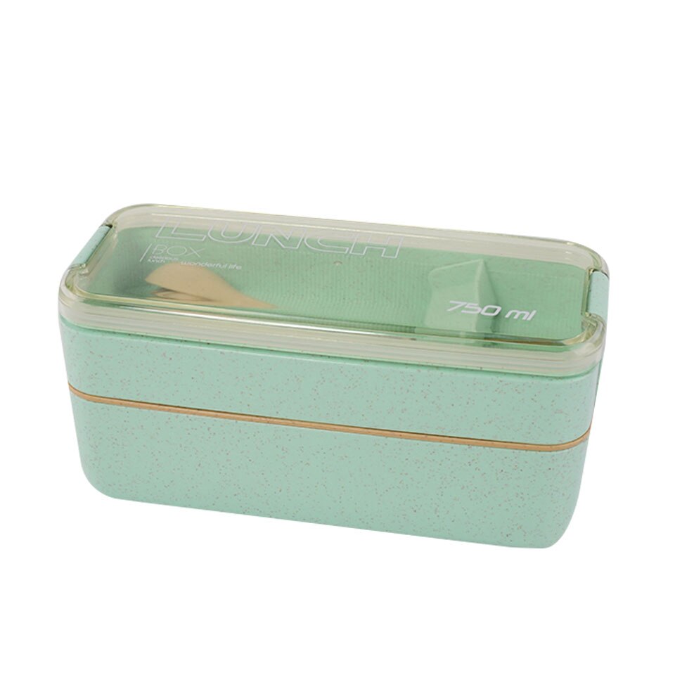 750ml 2 Layers Eco-Friendly Lunch Box Wheat Straw Material Bento Box Microwavable Dinnerware Lunchbox Leakproof Food Container: Green