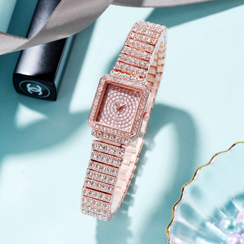 Dameur kvinde luksusmærke guld ur dame armbåndsure krystal kvinde dame quartz ur dame armbåndsur: Rose guld 2