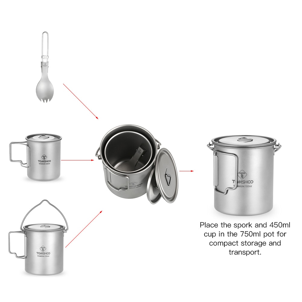 Tomshoo 3Pcs Titanium Pot Water Mok Cup Set Lichtgewicht Mok Outdoor Camping Pot Picknick Hang Pot Koken Potten Met vouwen Spork