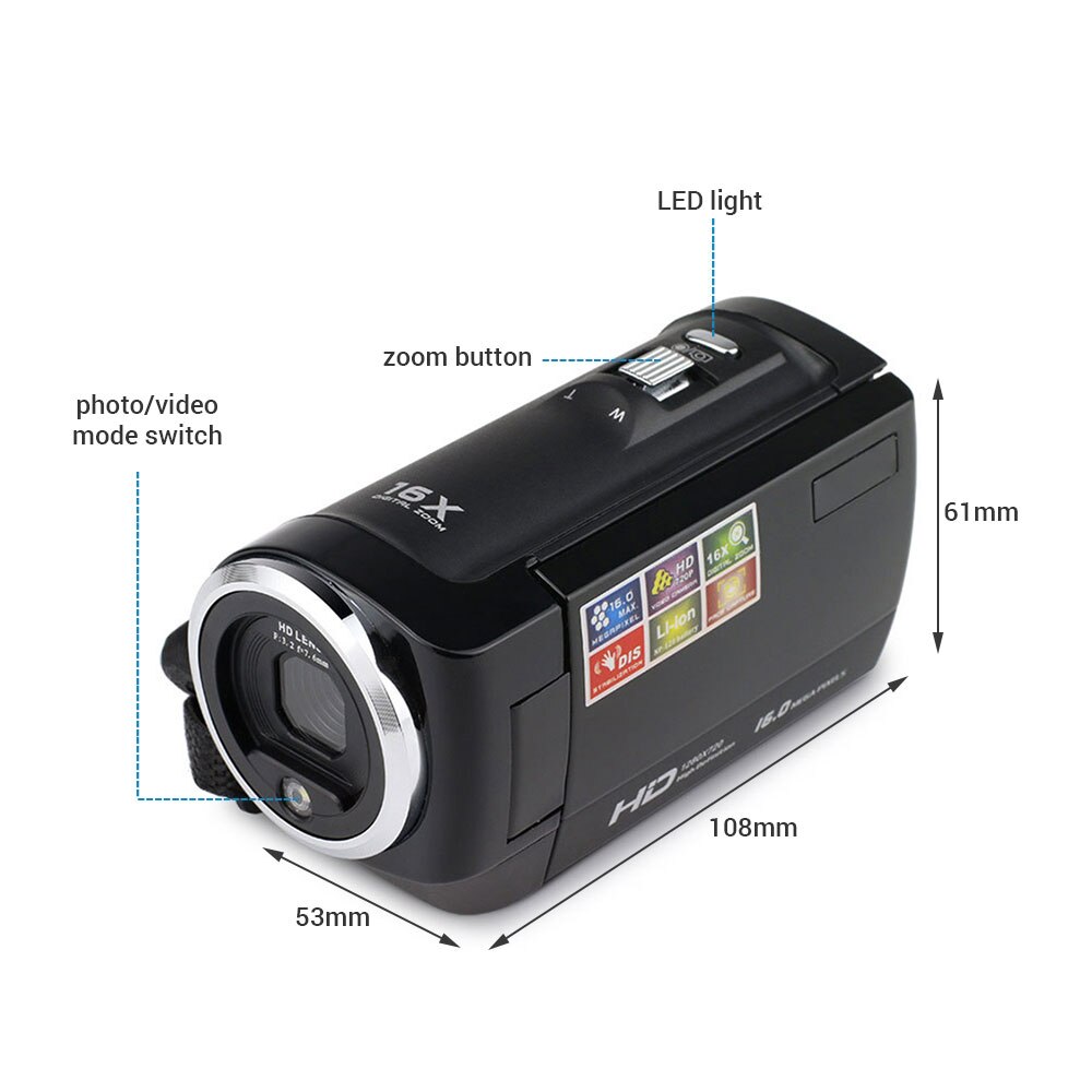 Video Camera Camcorder Vlogging Camera FHD 1080P 16MP 16x Digital Zoom 2.7 Inch 270 Degree Rotatable LCD with Battery