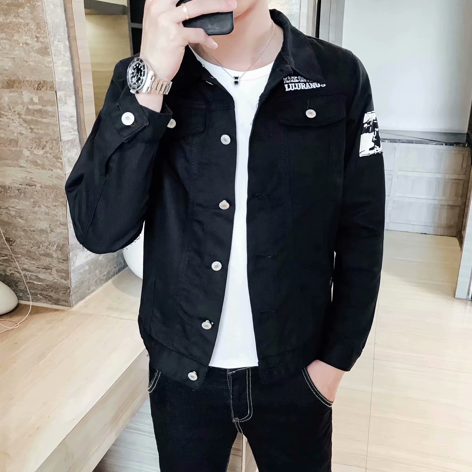 Teenagers black handsome denim jacket men's autumn Korean slim casual jacket men's clothing student clothes