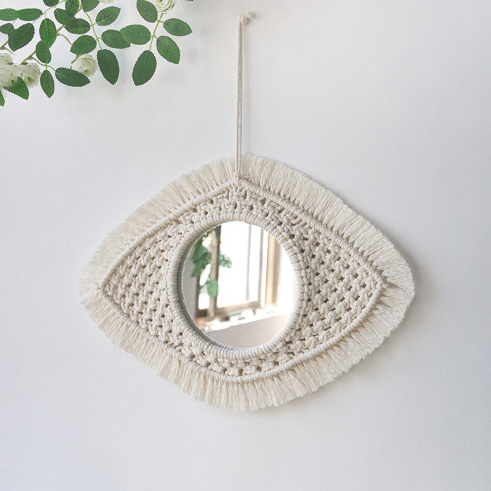 Espejo de pared colgante con flecos de macramé, redondo, bohemio, decoración artística para apartamento, sala de estar, dormitorio de bebé, guardería, entrada: 04