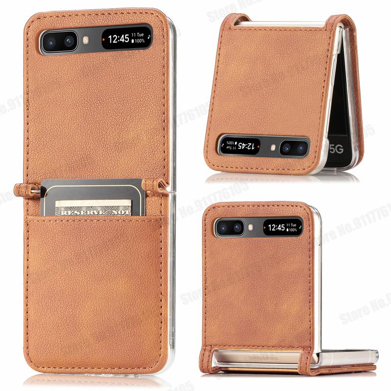 Slot para cartão de couro caso de telefone para samsung z flip 5g duro pc capa protetora para galaxy z flip 5g SM-F707B ultra fino caso do telefone: Brown