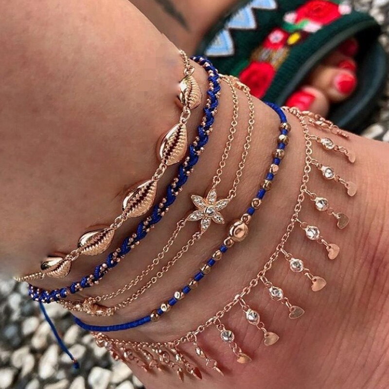 Tocona Summer Shell Tassel Anklets for Women Summer Shiny Flowers Rhinestone Blue Rope Sandals Foot Jewelry 20063