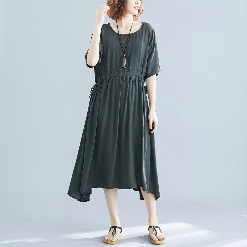 Dimanaf plus size damklänning sommar med bälte veckad bomull casual stil kvinnlig vestidos lös solid basklänning 4 färger: Hany 9195cn- gröna / 4xl