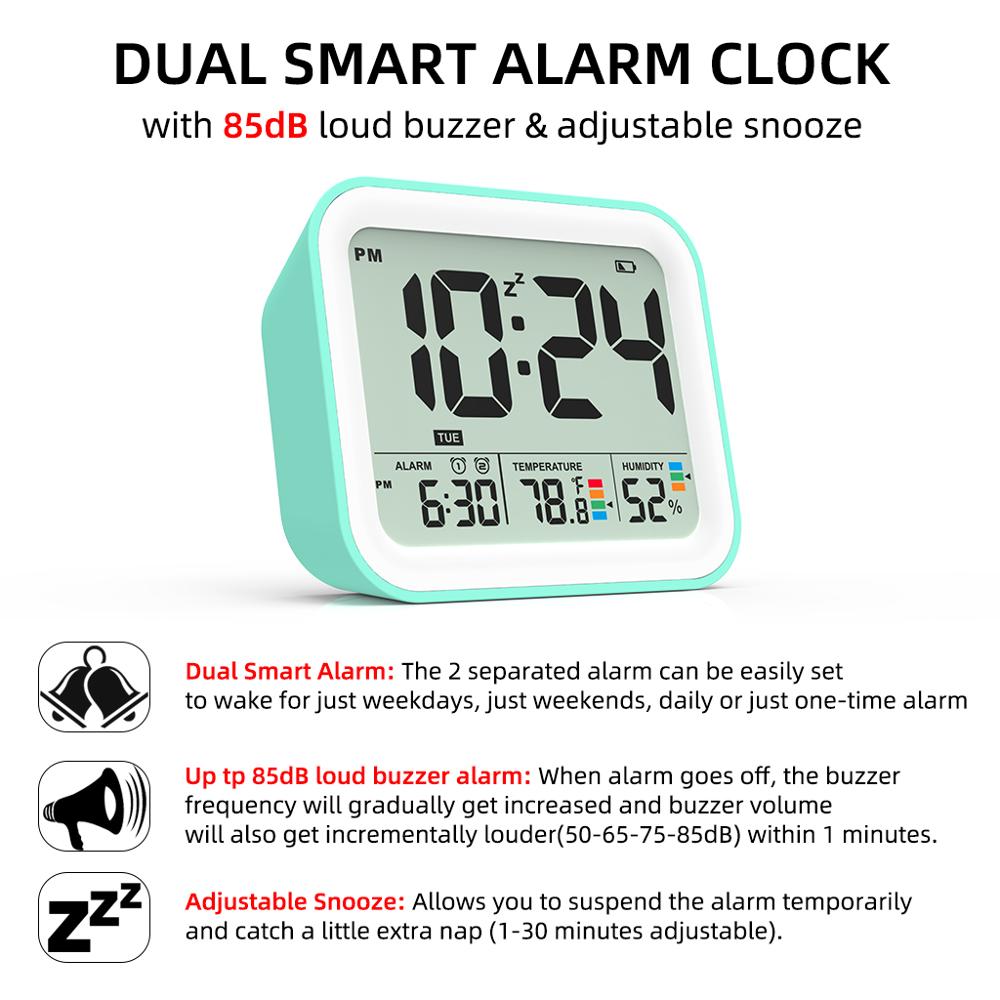 Battery Operated Digital Alarm Clock for bedroom, Dual Alarm with Workdays/Weekends Setting,Snooze, Travel Clock Thermometer