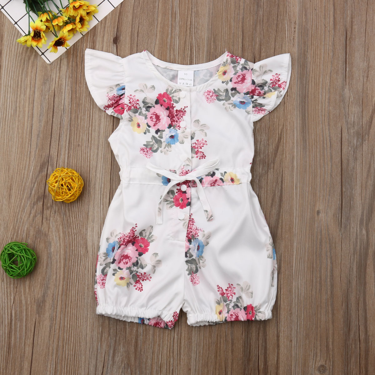 ropa de verano para niños 1-6Y bebé niña mameluco para niño mono con cinturón de manga volante Floral/traje pelele sólido ropa con cinturón