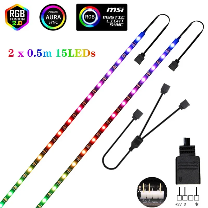 Bande lumineuse LED RGB WS2812B, 5V, 3 broches, adressable, pour ASUS AURA SYNC, MSI Mystic Light Sync, GIGABYTE