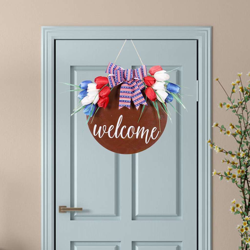 Rustic Welcome Round Wood Sign and Bow Farmhouse Wall Front Door Decoration
