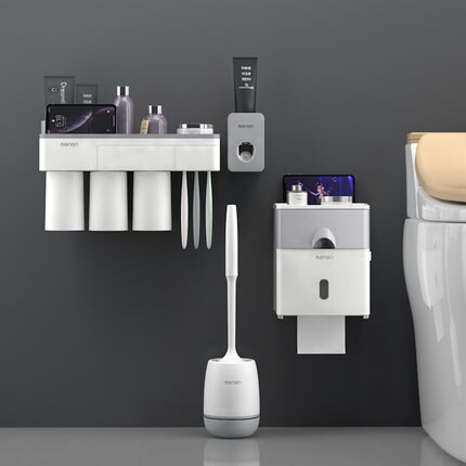 Toothbrush Holder Wall Mounted Automatic Toothpaste Dispenser Storage Rack Soft Toilet Brush Tissue Box Bathroom Accessories Set: Grey 3 cup set