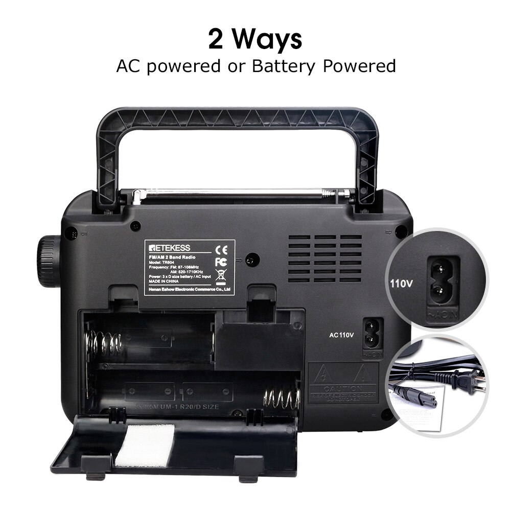 Retekess sono/FM Radio per gli Anziani Radio A dovuto Bande Portatile Radio Maniglia Batteria e AC alimentato Nero # xj30