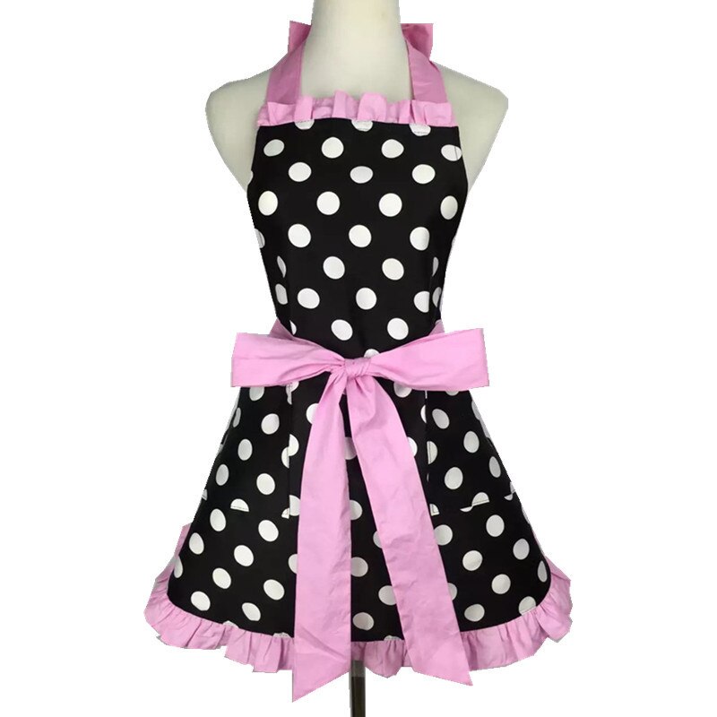 Retro forklæde til kvinder super sød og sjov sløjfe med lomme justerbar bomuld polka prikker sarte hemline madlavningsforklæder: Lyserød