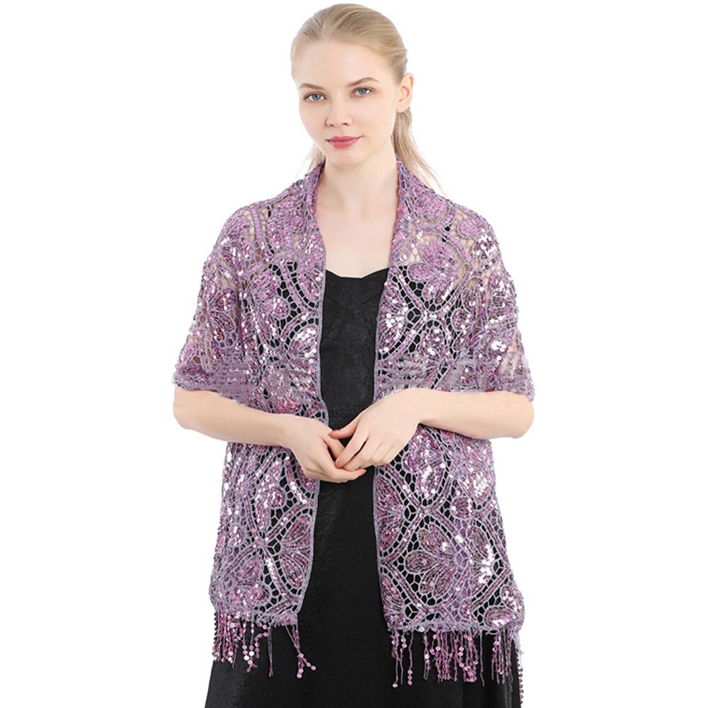 Scialle di pizzo con paillettes vuote da sposa da donna di lusso avvolgere il partito femminile lucido luccichio stola sciarpa da ballo con nappa: Voilet