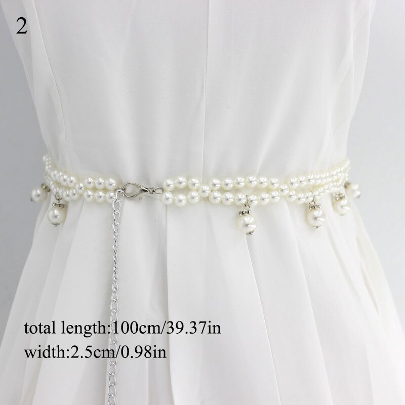 Cinturón tipo cadena con perlas elegantes para mujer, Cinturón fino con cuentas a la , cinturones decorativos para vestido de mujer, accesorios de ropa: 2