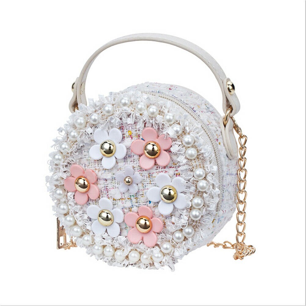 Nouvelles filles cylindrique perle fleur épaule sac de messager enfants princesse sacs à bandoulière épaule fermeture éclair: WHITE