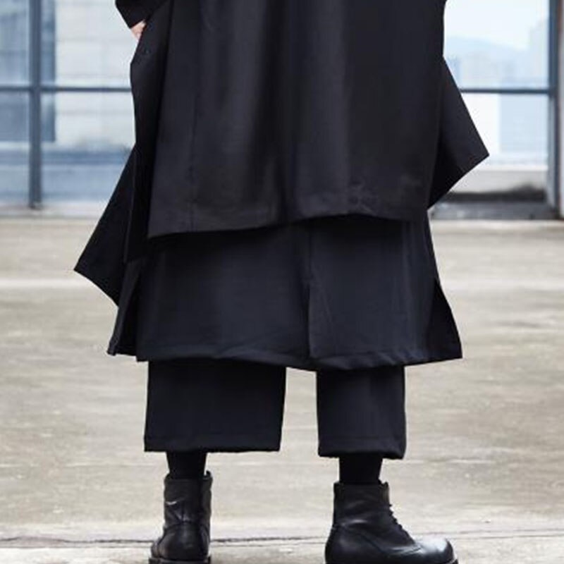 Los hombres Japón Streetwear Hip Hop estilo Punk gótico de color negro pantalón de masculina de empalme de pierna ancha Falda pantalón Kimono streetwear