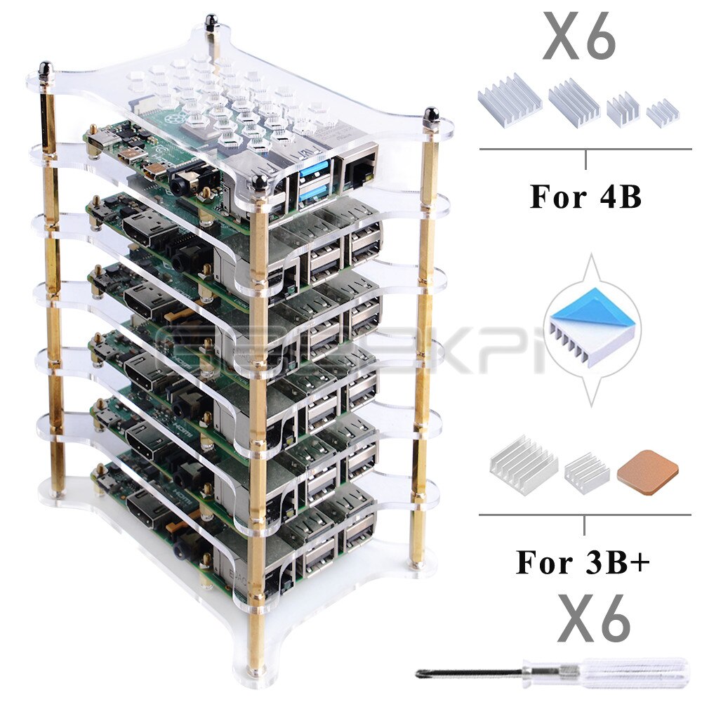 GeeekPi-boîtier en acrylique Transparent à 6 couches, clair/brun foncé, avec dissipateur thermique et tournevis pour Raspberry Pi 4 B / 3B + / 3B / 2B +: Clear
