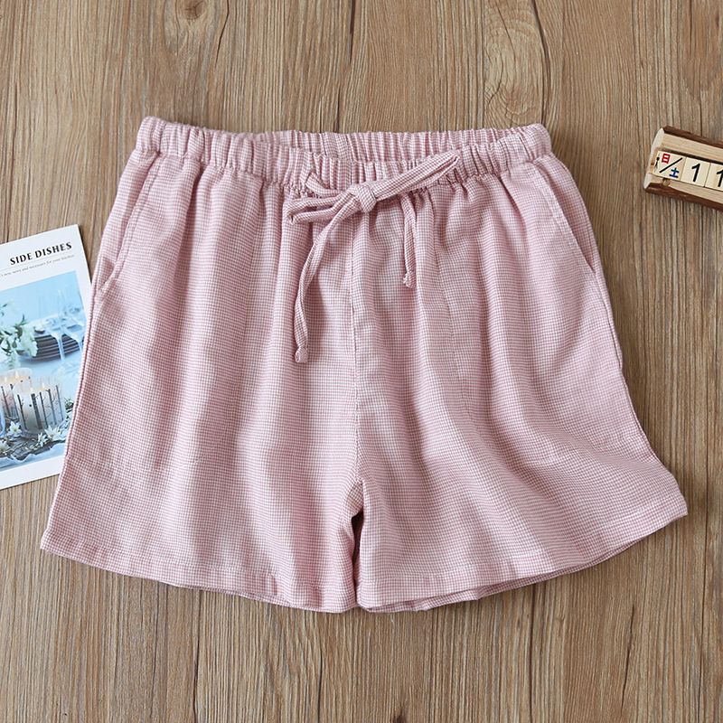 Women's Trousers Cotton Gauze Spring / Summer Thin Plaid Home Pants Loose Men Pajamas Elastic Waist Sleep Bottoms Lounge Pants: Women pink shorts / L