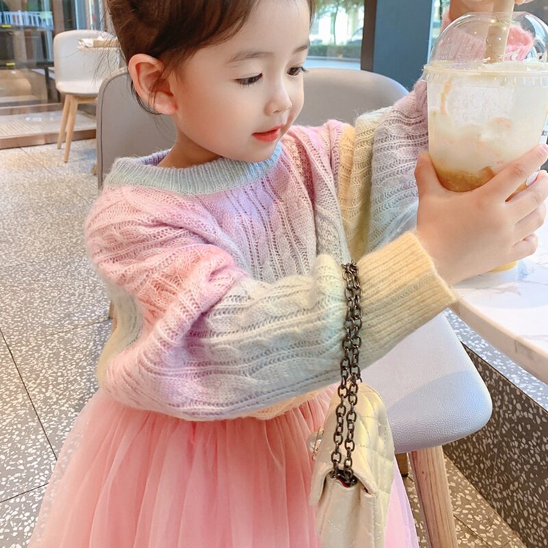 Pull tricoté arc-en-ciel pour fille, pull ample à col rond, vêtement pour enfant de 3 à 11 ans, collection automne et hiver