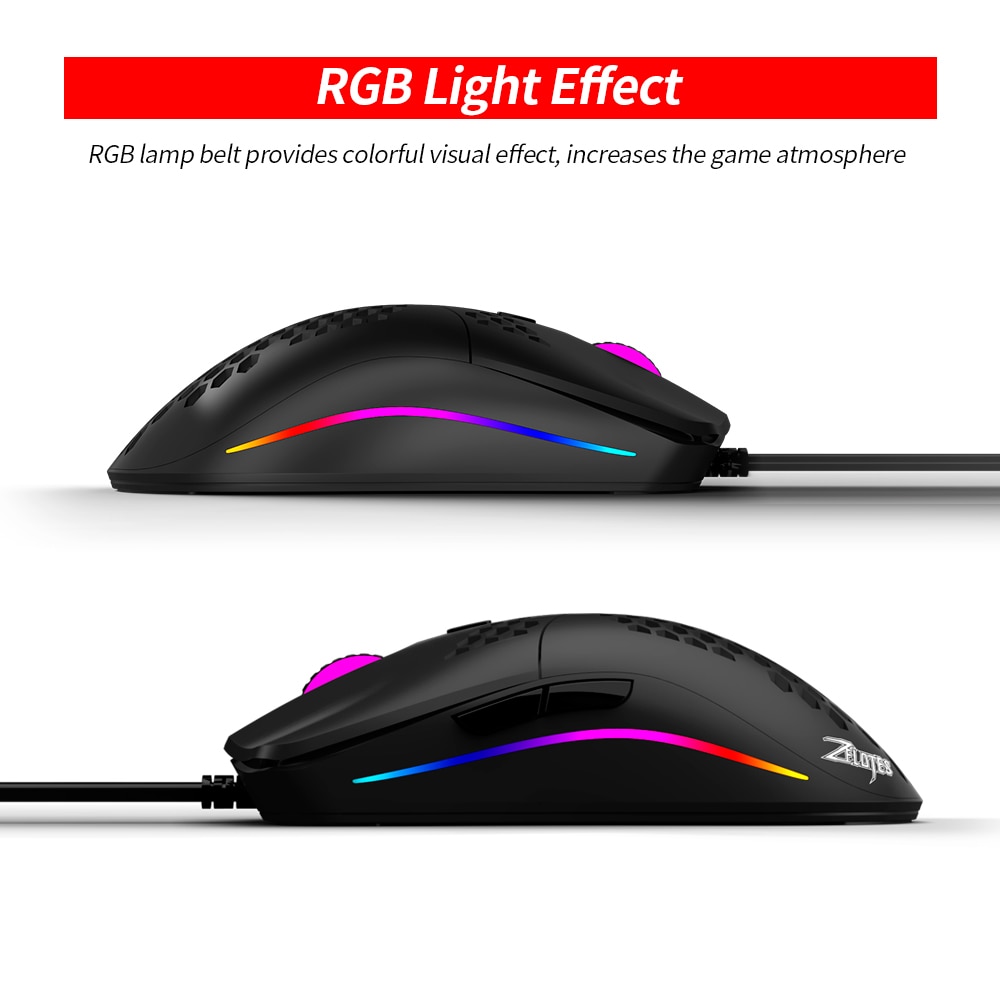ZELOTES C-7 USB Wired Mouse RGB Gaming Mouse 16000DPI Computer Game Mice Hollowed-out Honeycomb for PC Laptop