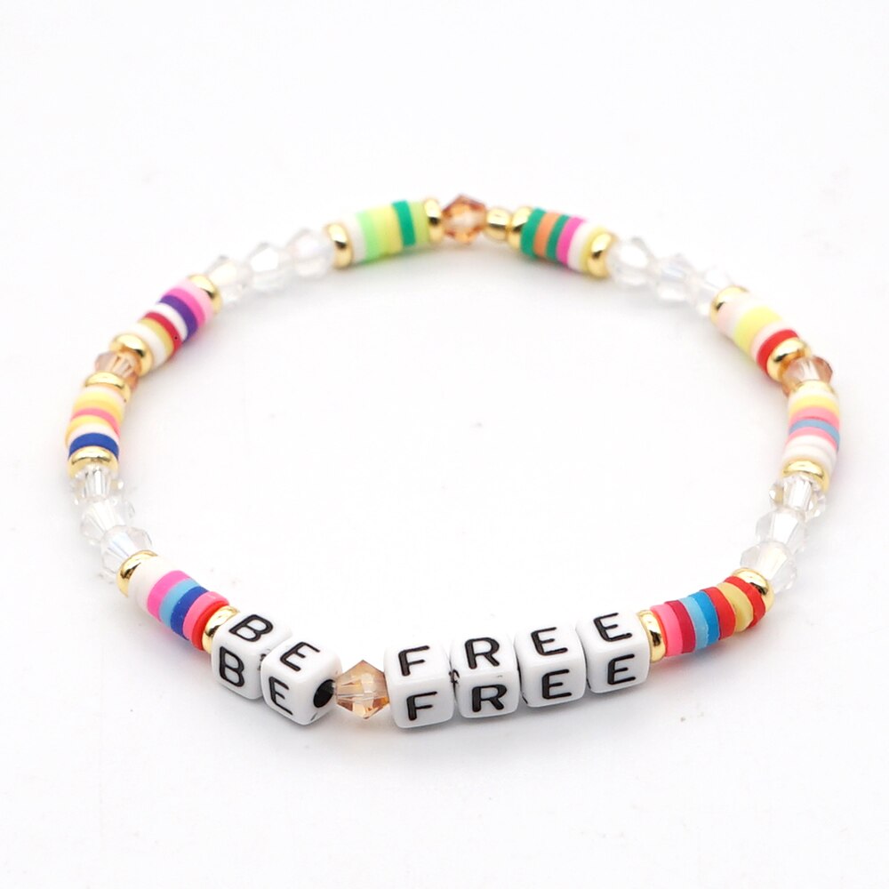 Go2 boho armbanden voor dames, letters van polymeerklei, kralen patchwork armbanden, elastische heishi kralen, handgemaakte dames polsbandjes
