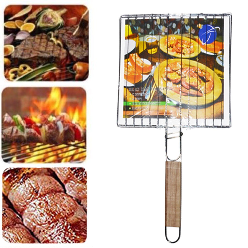 Non-stick Triple Fish Grilling Basket w/ Wood Handle Barbecue Tool Fish Grill Net Outdoor BBQ Grilling Fish BBQ Accessories