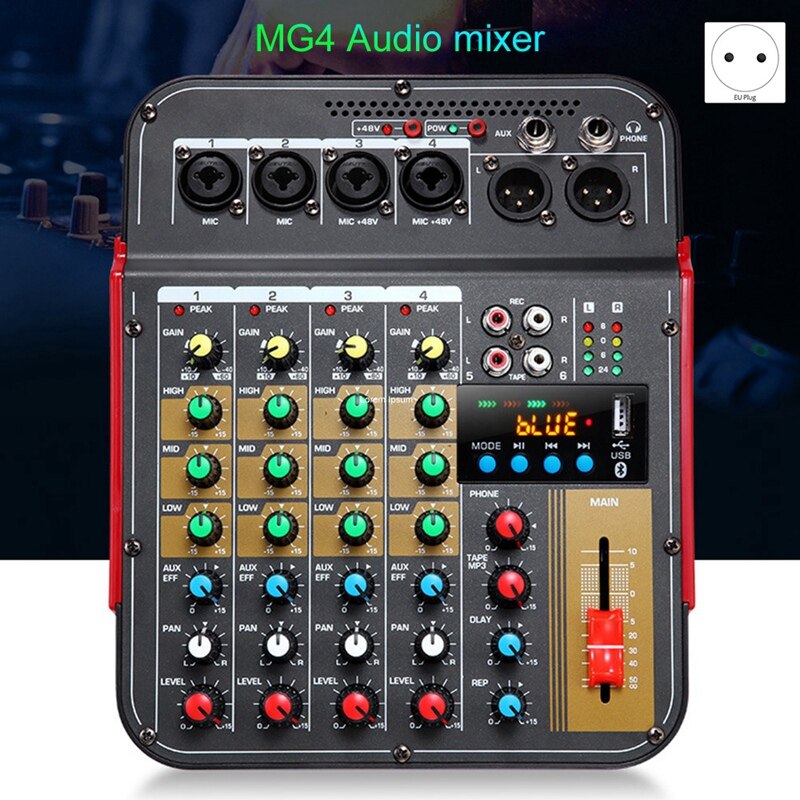 Digital 4-Channel Audio Mixer Console Mixing Console Built-in 48V Phantom Power with BT Function-EU Plug
