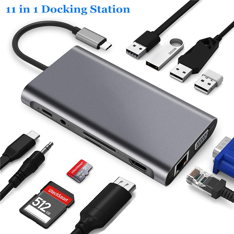 Multifunções 11 em 1 docking station 4k tipo-c hub adaptador usb 3.0 hdmi rj45 vga pd docking station carga rápida para portátil