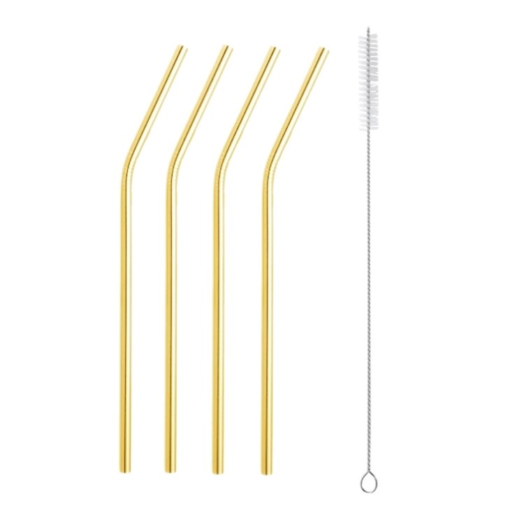Acero inoxidable 304 pajilla de Metal pajilla reutilizable + 1 cepillo respetuoso del medio ambiente de paja recta curva cepillo de limpieza de la barra del Partido de accessories20Oz: B-Gold  5PC