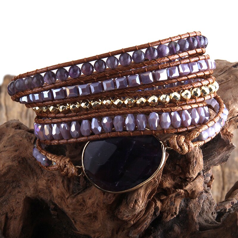 MDNew Boho Bracelet Vegan Cord Natural Stones Charm 5 Strands Woven Wrap Bracelets