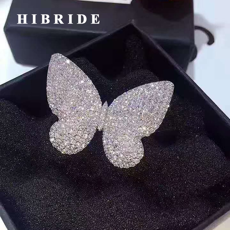 HIBRIDE Newest Beautiful Butterfly CZ Stone Micro Pave Engagement Rings Women White Gold Color Female Finger Ring For R-150