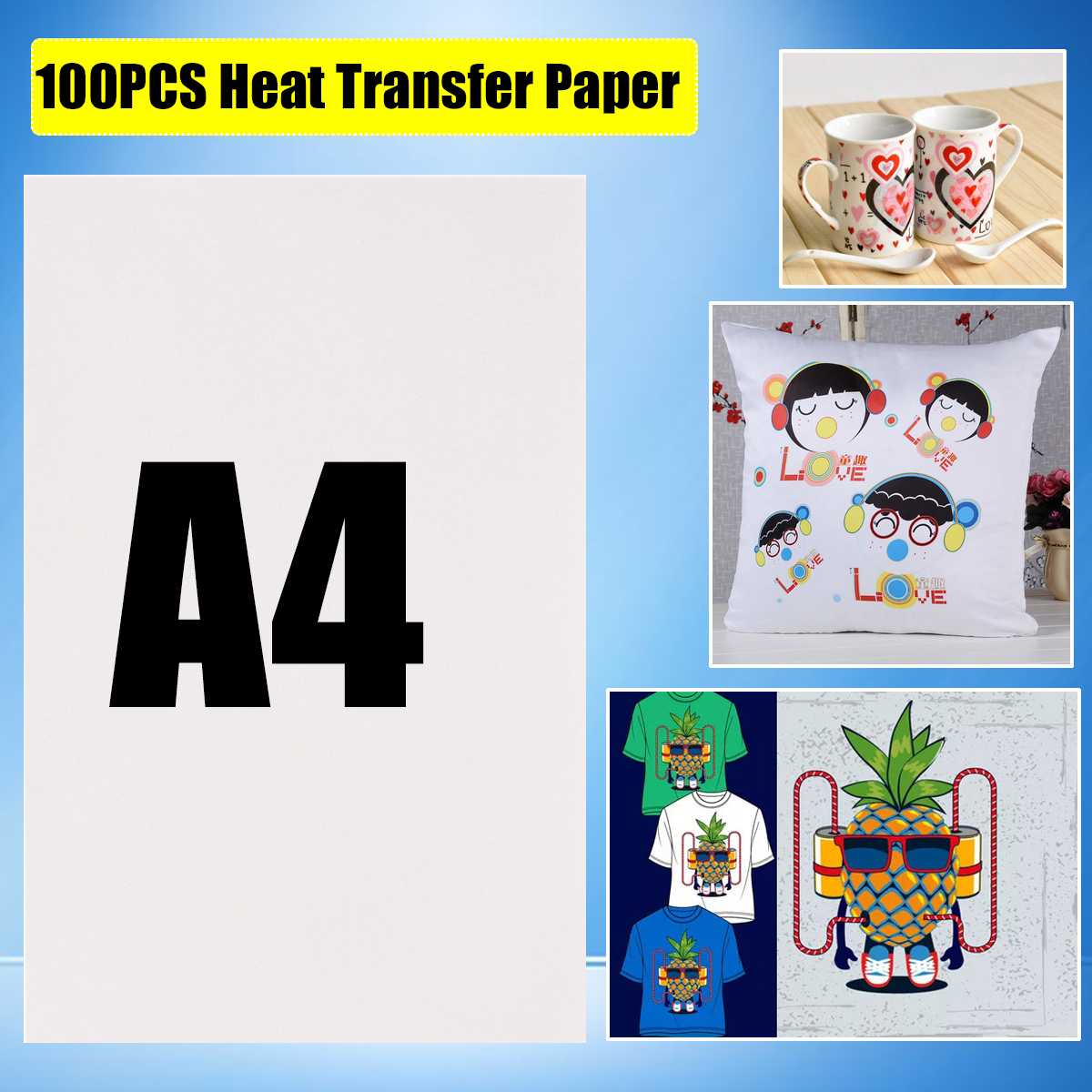 100Pcs A4 Dye Sublimation Heat Transfer Film Paper for Polyester Cotton T- Shirt Cup Phone Case 210x297mm for Hat Cap Mug Cup