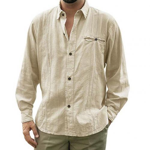 Sommar herr plus size 3xl skjortor män casual enfärgad långärmad nedfälld krage knapp skjortan i bomull linne: Kaki / Xl