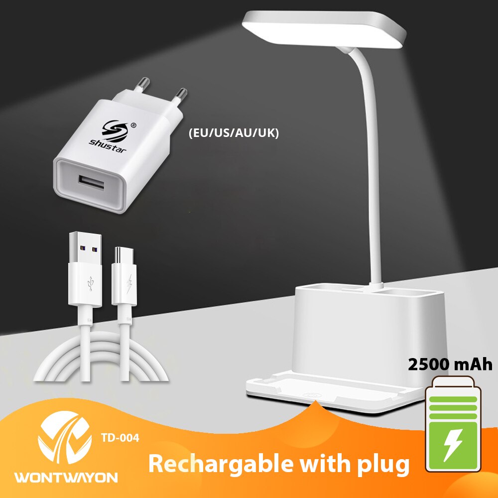LED Desk Lamp with Penholder Eye Protection Reading Desk Lamp Rechargeable Flexible Gooseneck Bedside Lamp Indoor Lighting: Re-2500mAH-Plug