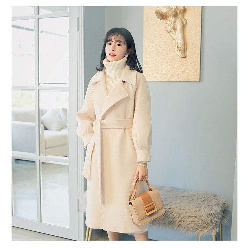 Vinter uld frakke kvinde uld jakke frakker kvinder løs varm med bælte lanterne ærmer dame kontor arbejdstøj overfrakke: Beige / S