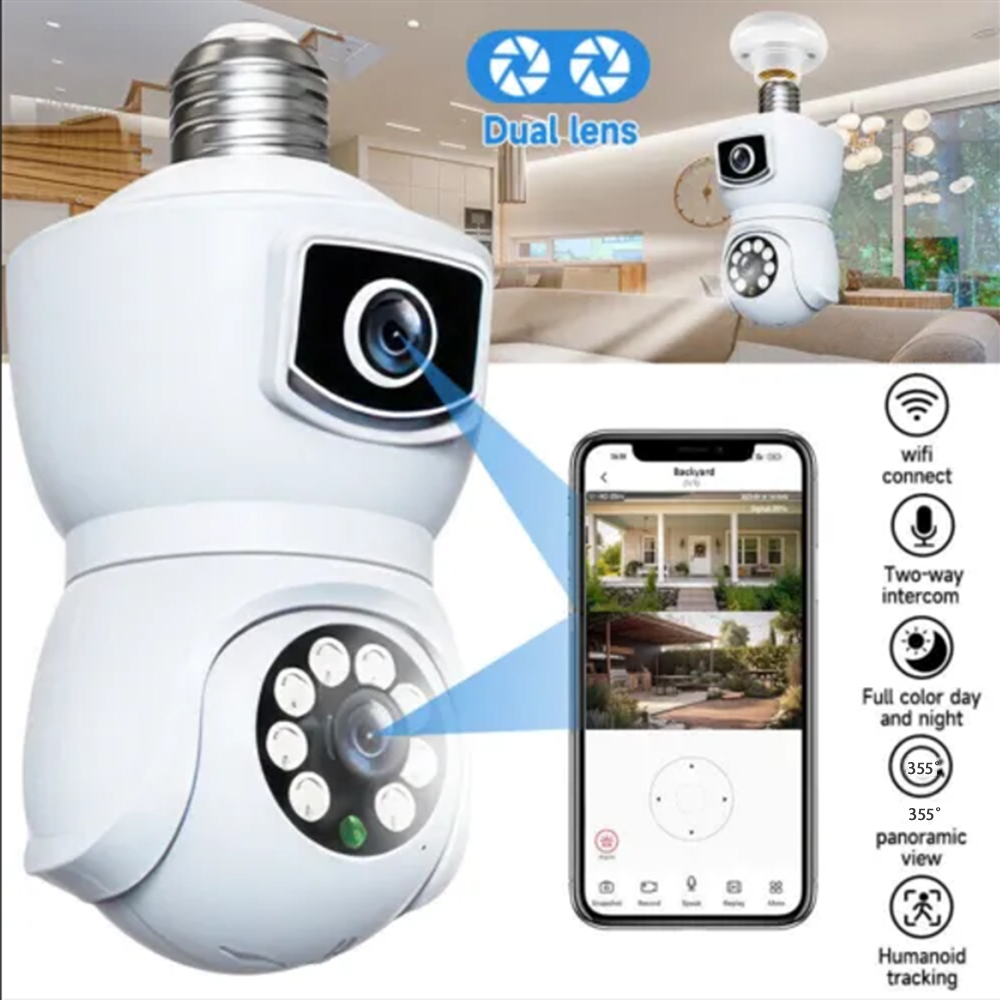 4K 8MP E27 Bulb WiFi Camera Dual Lens Dual Screen Auto Tracking Two Way Audio Color Night Vision Outdoor Security Camera