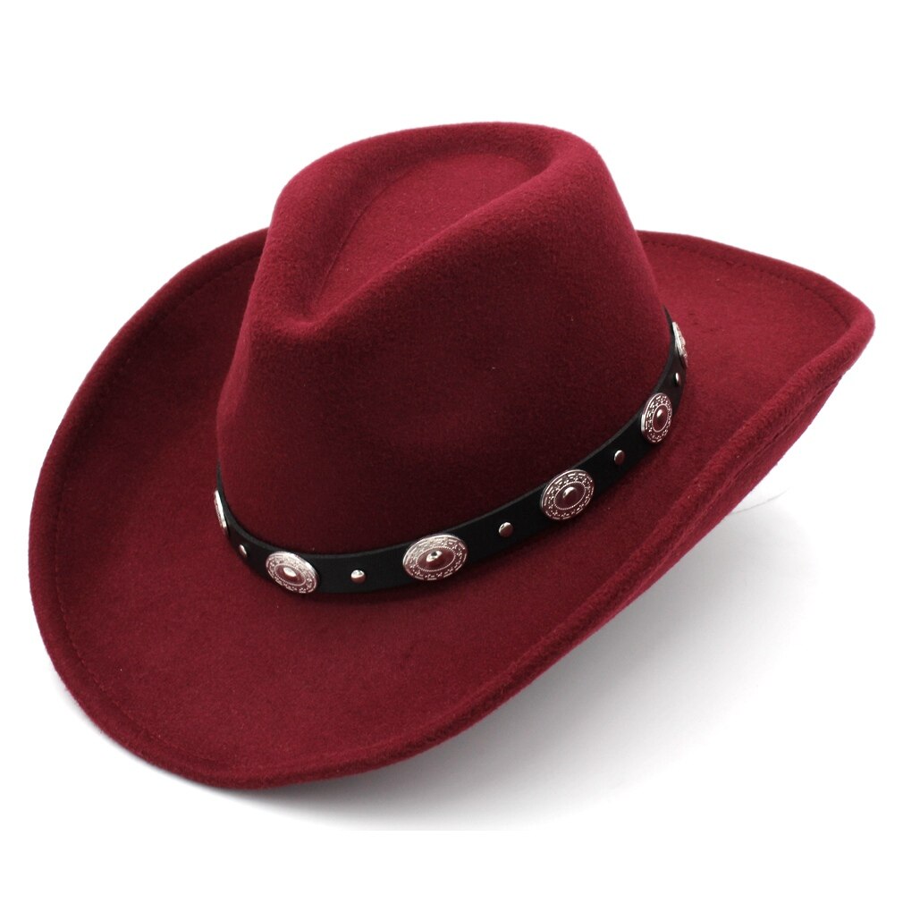 Mistdawn Men Women Western Cowboy Derby Hat Sombrero Godfather Cap Outdoor Wide Brim Jazz Top With Leather Band: wine red