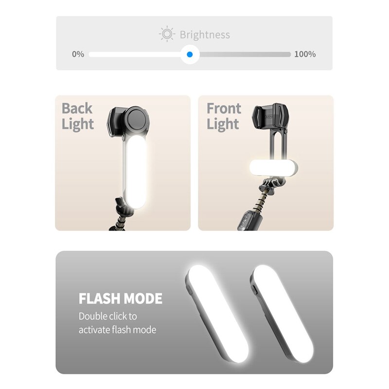 Kabelloser bluetooth-selfie-stick-stabilisator, faltbares mini-stativ mit abnehmbarem aufhelllicht für ios und android