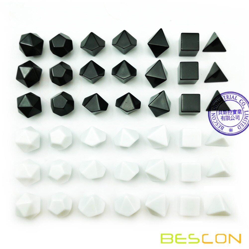 Bescon Blank Polyhedral RPG Dice Set 42pcs Artist Set, Solid Black and White Colors in Complete Set of 7, 3 Sets for Each Color