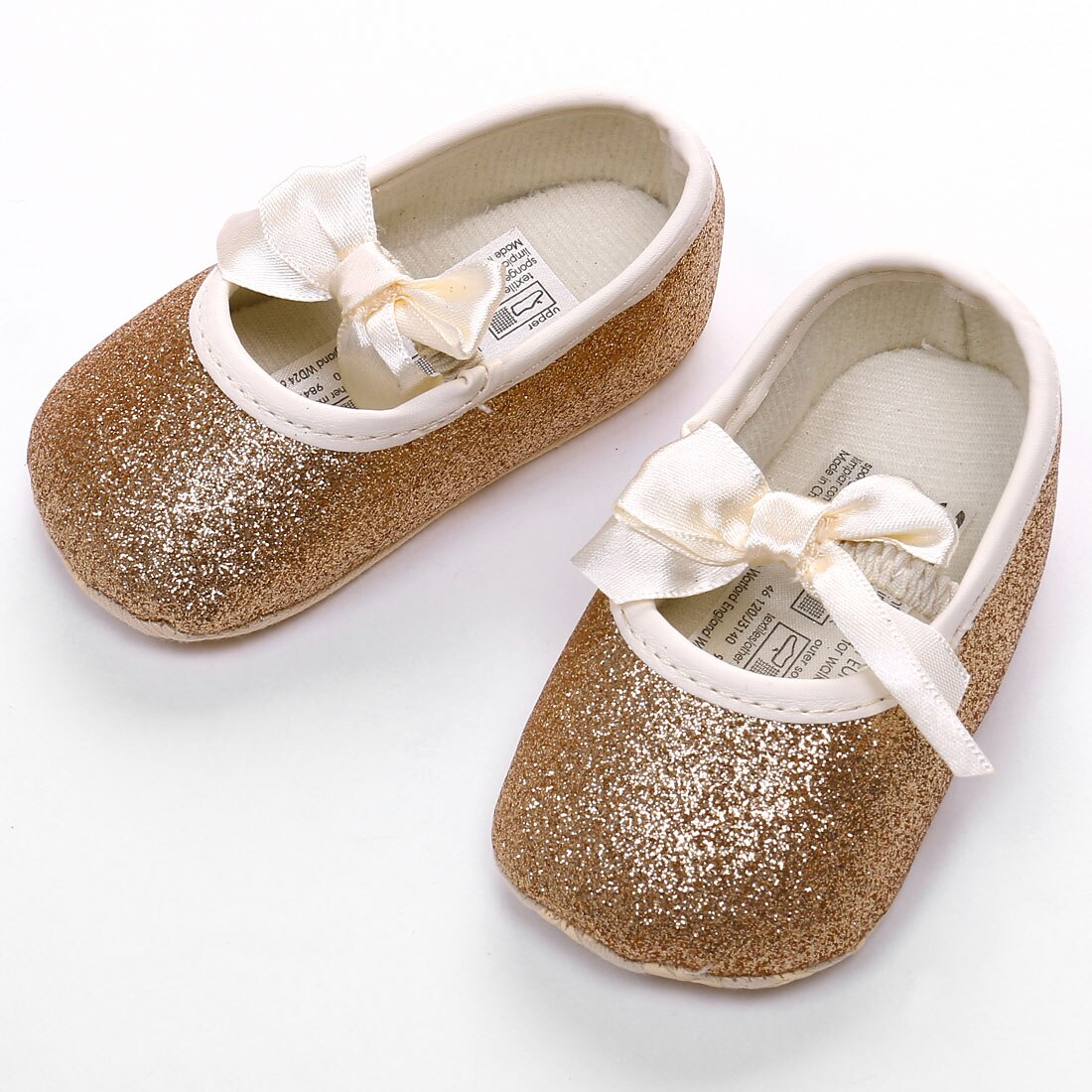 0-18M Newborn Baby Toddlers Bowknot Soft Ribbon Girl Glitter Crib Princess Paillette Shoes Anti-slip Soft Sole Prewalker: Gold / 0-6 Months