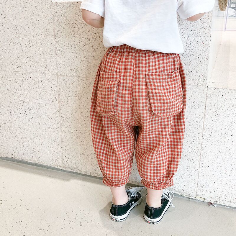 Sommer børns bukser baby anti bukser koreansk bomuld linned plaid piges harembukser