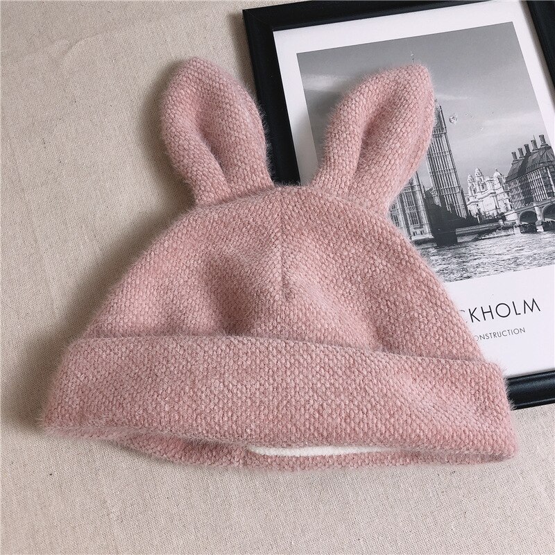 Women's Hats Autumn Winter Lamb Plush Soft Cute Ears Warm Panama Casual Hats Skull Beanie Soft Knitted Beanie Cotton: B