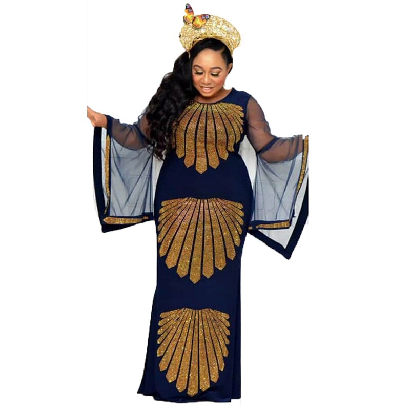MD African Dresses For Women Evening Party Gown Ladies Diamond Shiny Dress Ankara Dashiki Maxi Robe ropa europea: Navy Blue / L