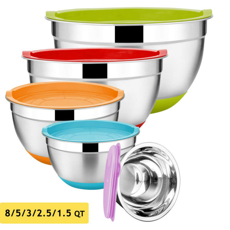 Bols de mélange en acier inoxydable avec couvercles, 5 pièces de 18/20/22/24/26cm, avec fond en Silicone, bols de rangement, de nidification, de préparation de repas