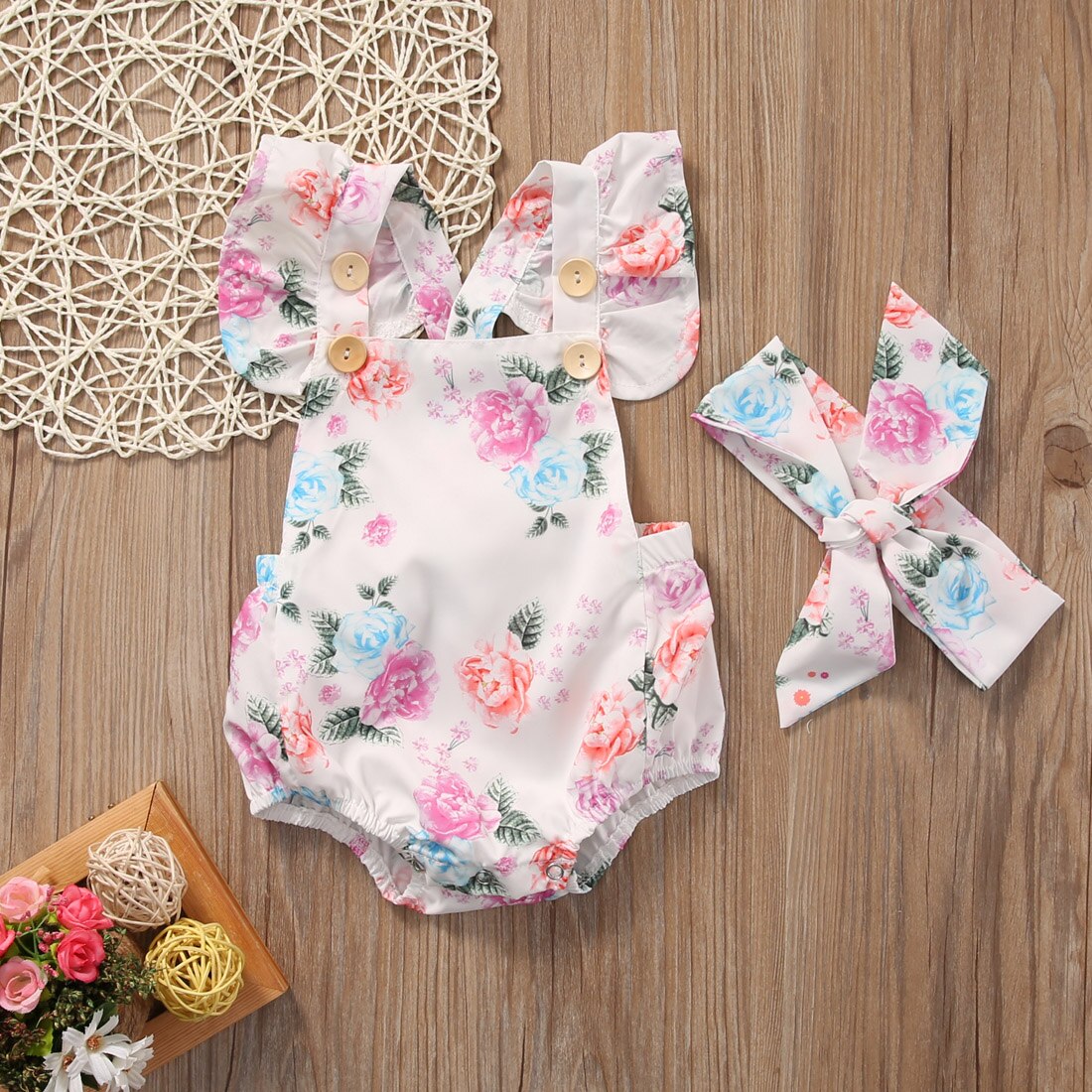 ¡2 unids/set! Verano lindo bebé niñas Floral sin mangas Romper + diadema verano Sunsuit conjunto de trajes de ropa